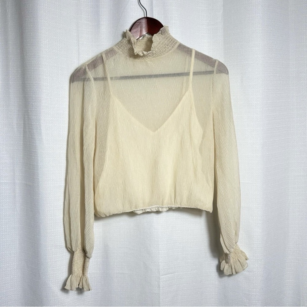 ASTR the Label Blouse XS Ivory Smocked Mock Neck Plissé Chiffon Crop Layered